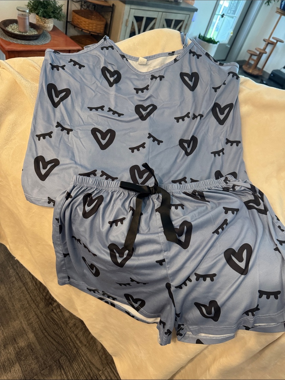 Blue Heart-Print Pajama Set